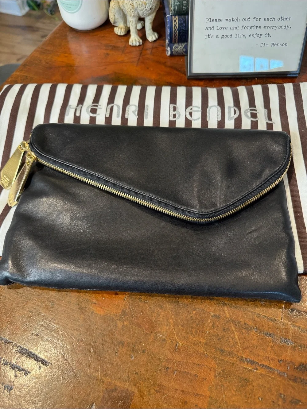 henri bendel Black Leather Fold-Over Clutch with Gold Chain